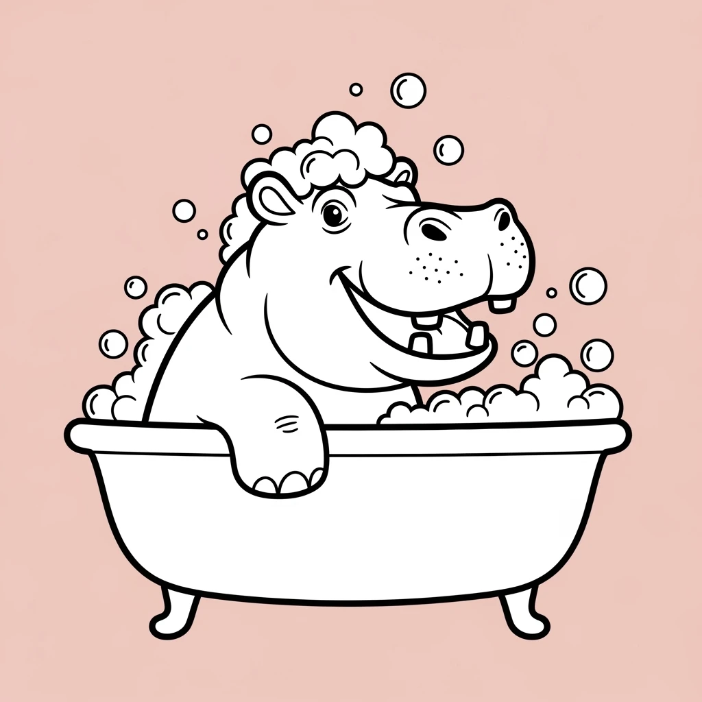 vector art with outline of happy hippo with bubbles in bathtub emoji
