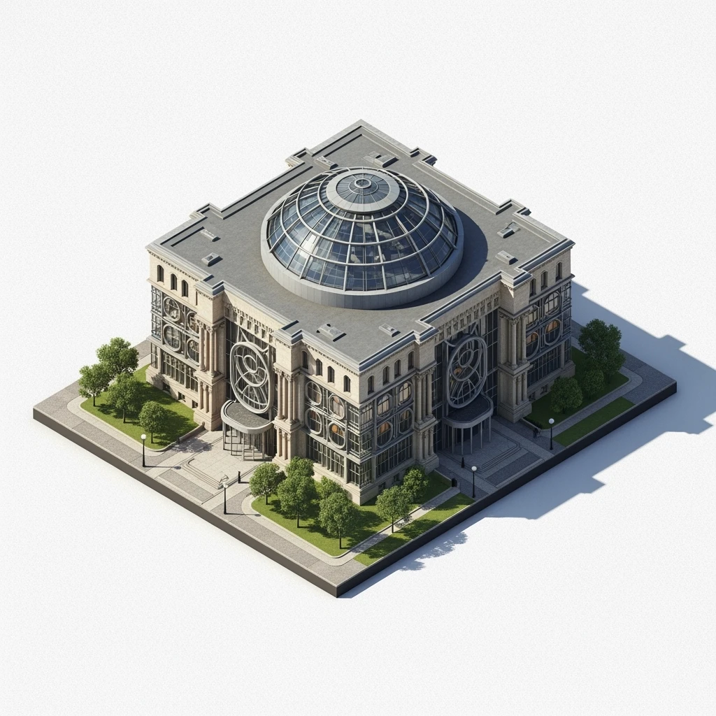 Isometric photorealistic illustration of Birmingham library highly detailed in semi-realistic, 3D miniature effect, transparent background. emoji