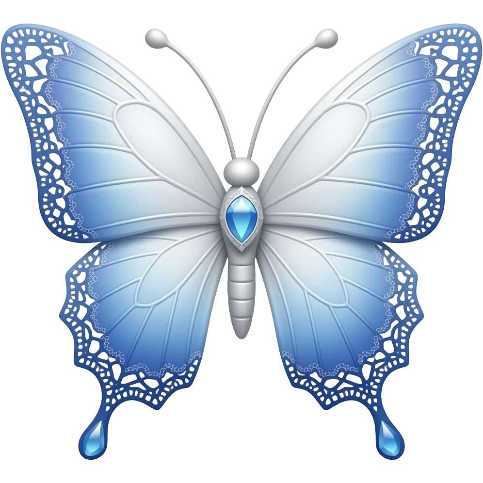 3D emoji gothic butterfly, white blue soft, subtle blue gradient white filigree, subtle gradient blue lace trim, white gem, elegant emoji