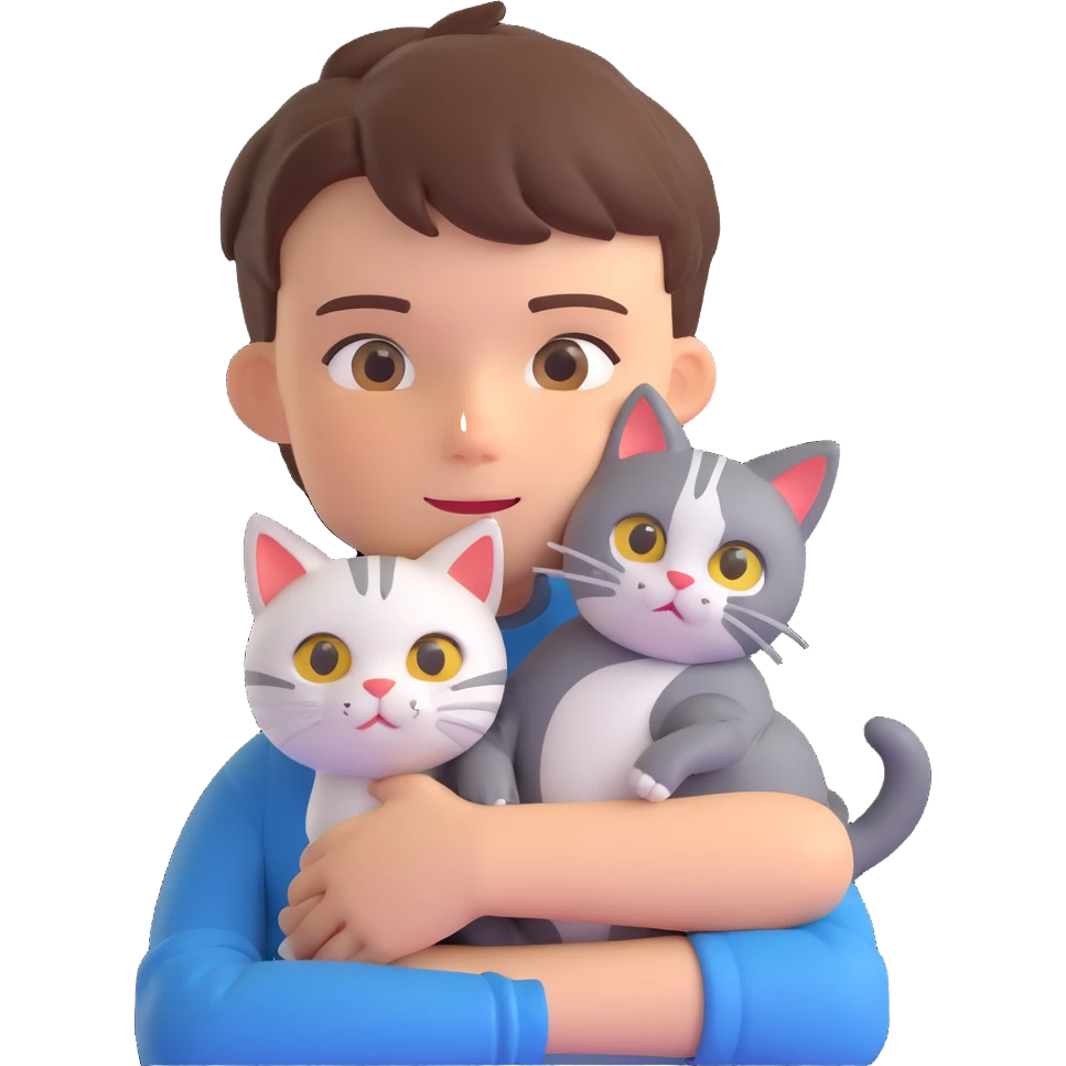 boy and cat pet in forrest background, close up pose emoji