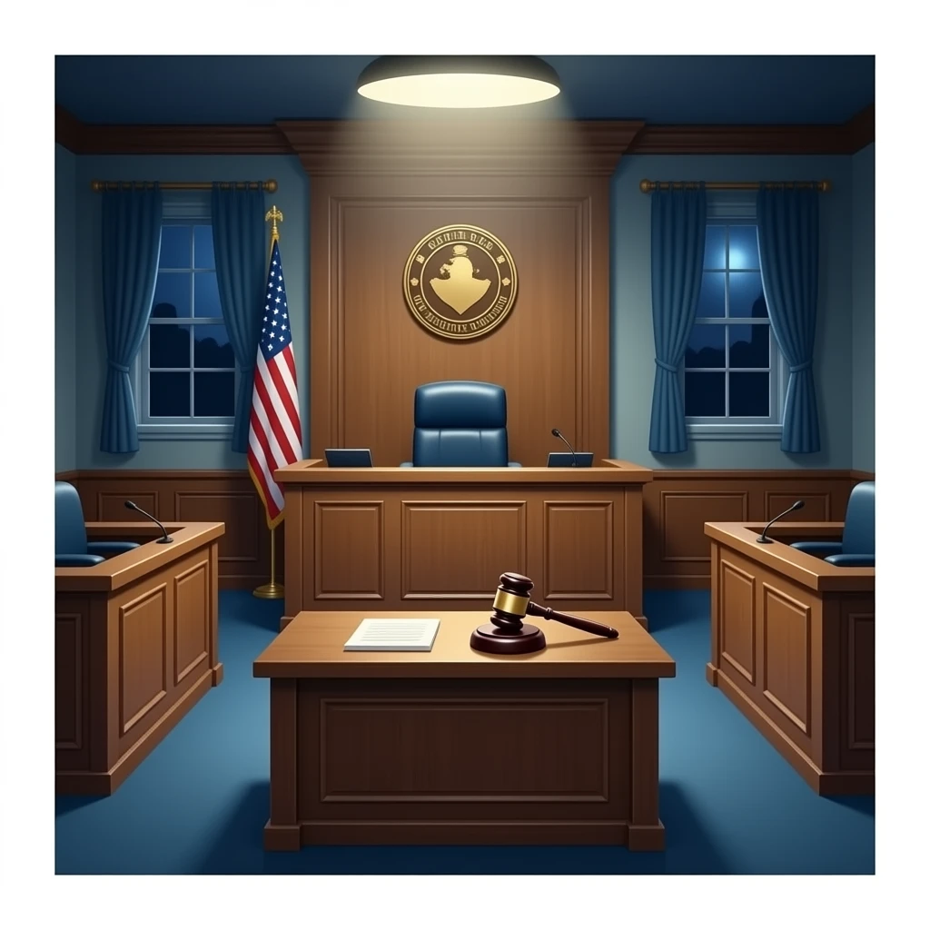 "Surreal courtroom scene, an empty judge’s bench . Wooden courtroom, gavel on the bench, cinematic lighting, slightly humorous and mysterious, high detail." ✨ emoji