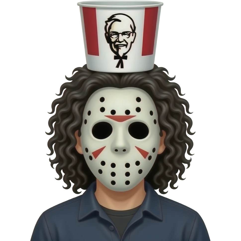 Man with curly super long black hair  white michael myers mask and kfc bucket on his head emoji