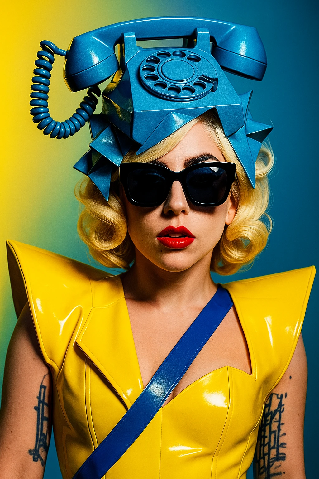 Lady Gaga in the Telephone video, wearing sunglasses and a telephone hat, dramatic pop fashion emoji