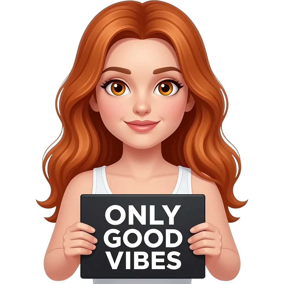 sexy girl with long ginger hair and ginger eyes wearing a white tanktop is holding a black sign with ONLY GOOD VIBES written on it emoji