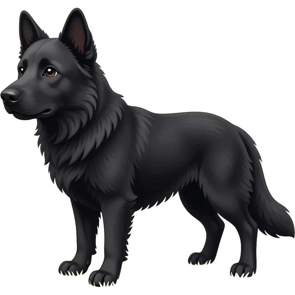 black dog with one ear pointing up and one ear pointing out and fluffy fur emoji
