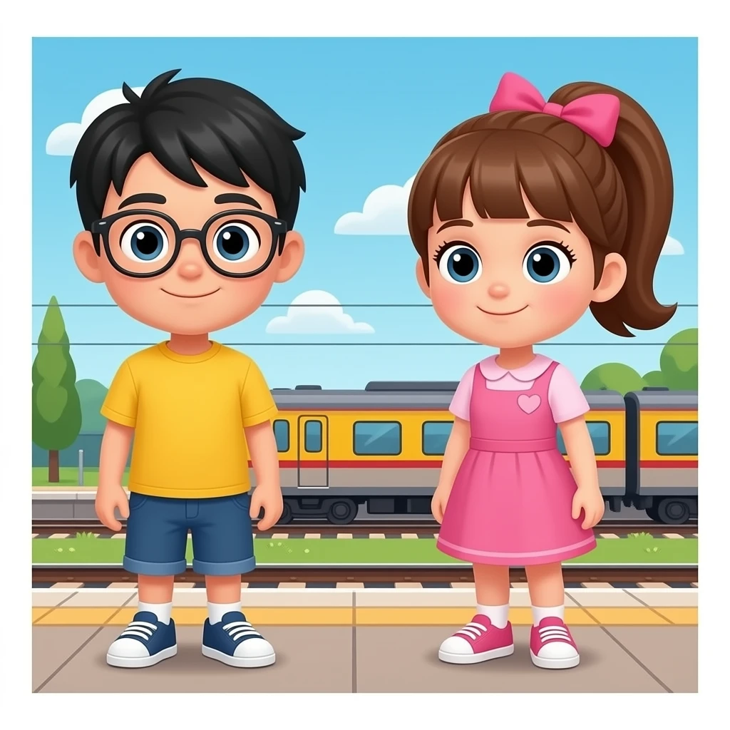 Les Roues du Train : Décor d'une gare. Bob le Train rencontre un garçon aux cheveux noirs et lisses, portant des lunettes, un t-shirt jaune et un short, ainsi qu'une fille avec une queue de cheval haute, un nœud et une robe rose. emoji