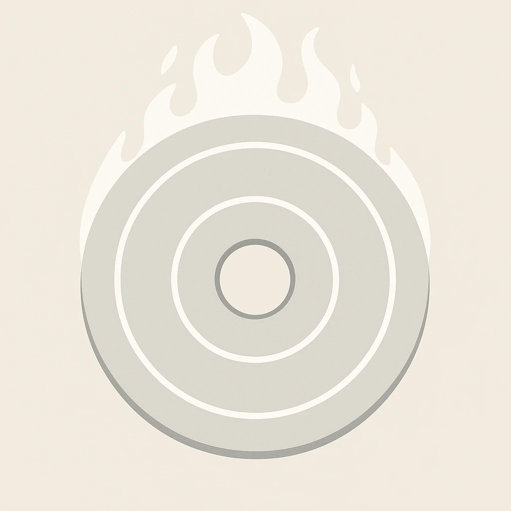 A minimalist CD disc with a subtle fire design, emoji style, white flames, with softer flames emoji