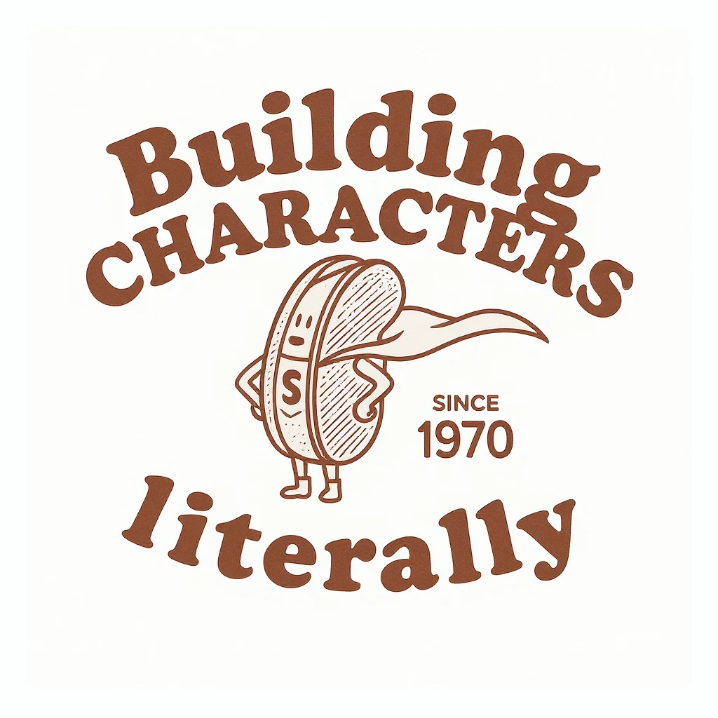 change the text here to be "building characters" on top "literally" on the bottom emoji