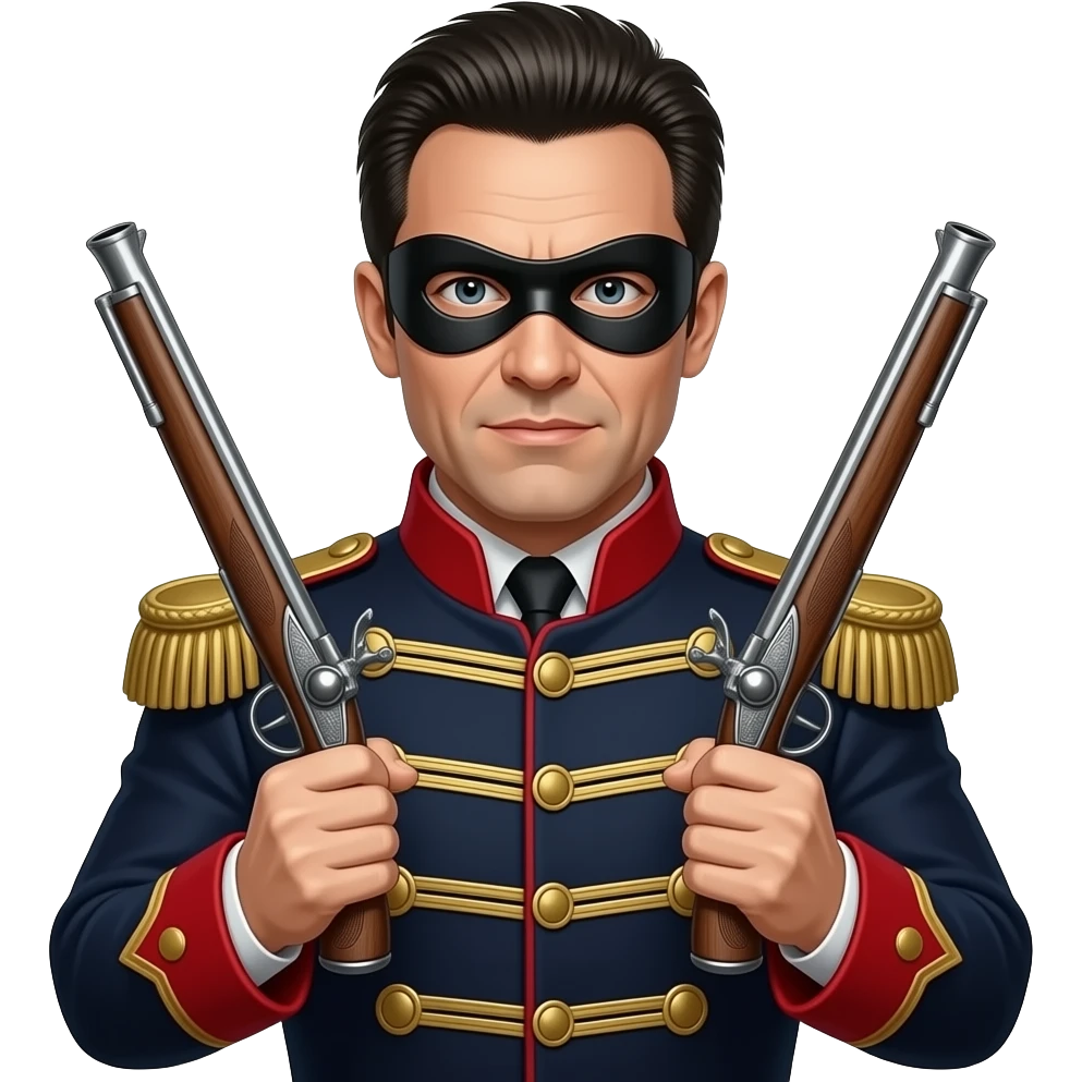 realistic cinematic Adam Ant  with black mask is wearing a Hungarian Hussar'S JACKET, holds two firelocks holsters in his hands emoji
