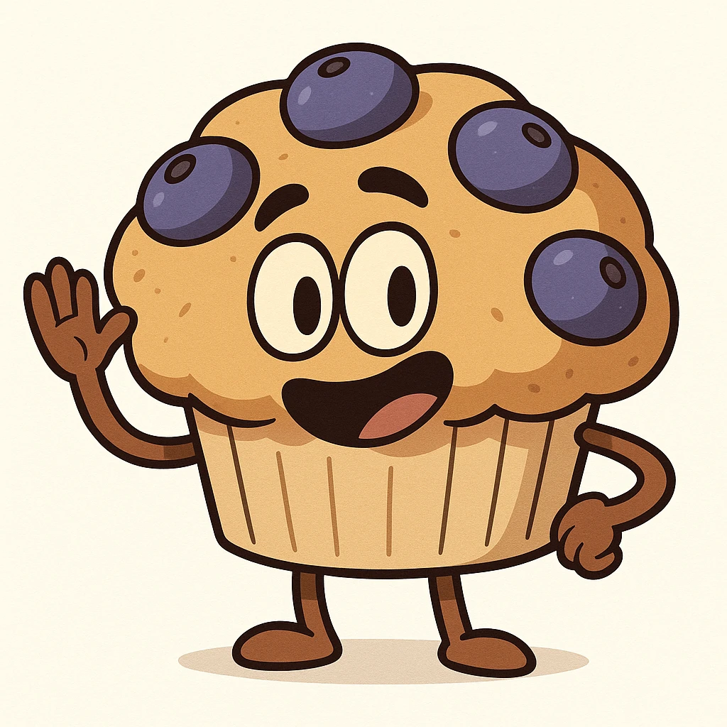 a cute blueberry muffin character waving, cartoon style, white background emoji