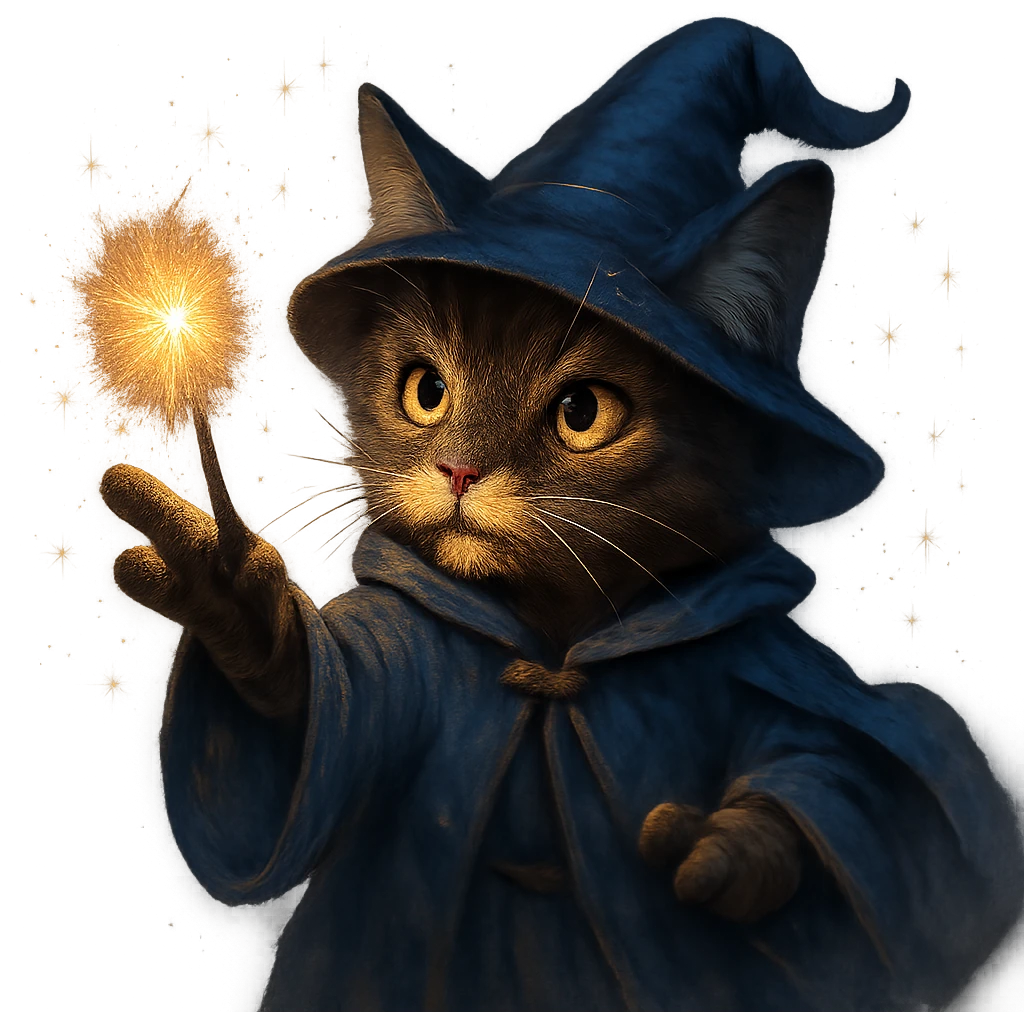 wizard cat casting a spell with sparkles around, magical fantasy style emoji