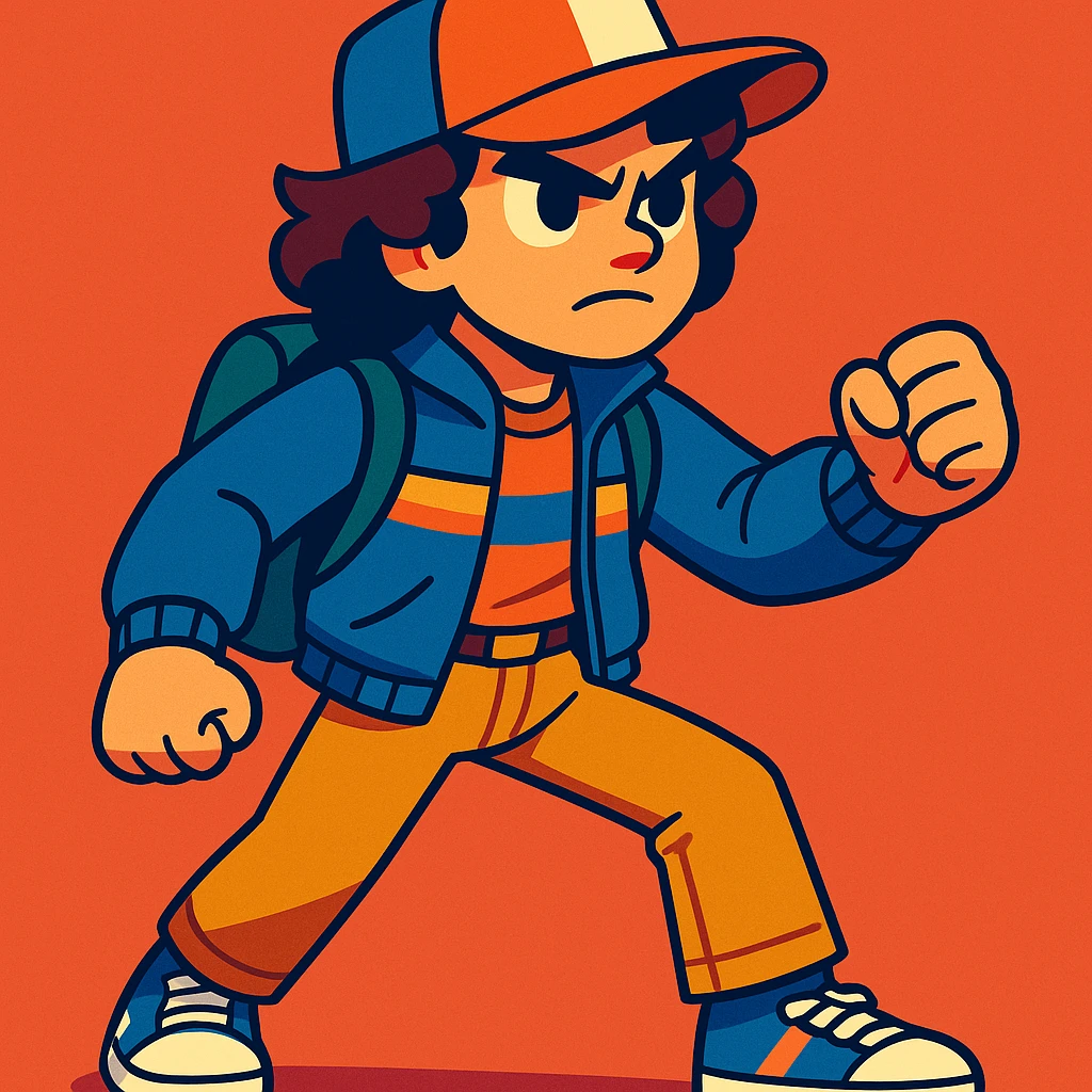 Stranger Things inspired character, 1980s kid with retro clothes and a determined expression, vibrant toon style emoji