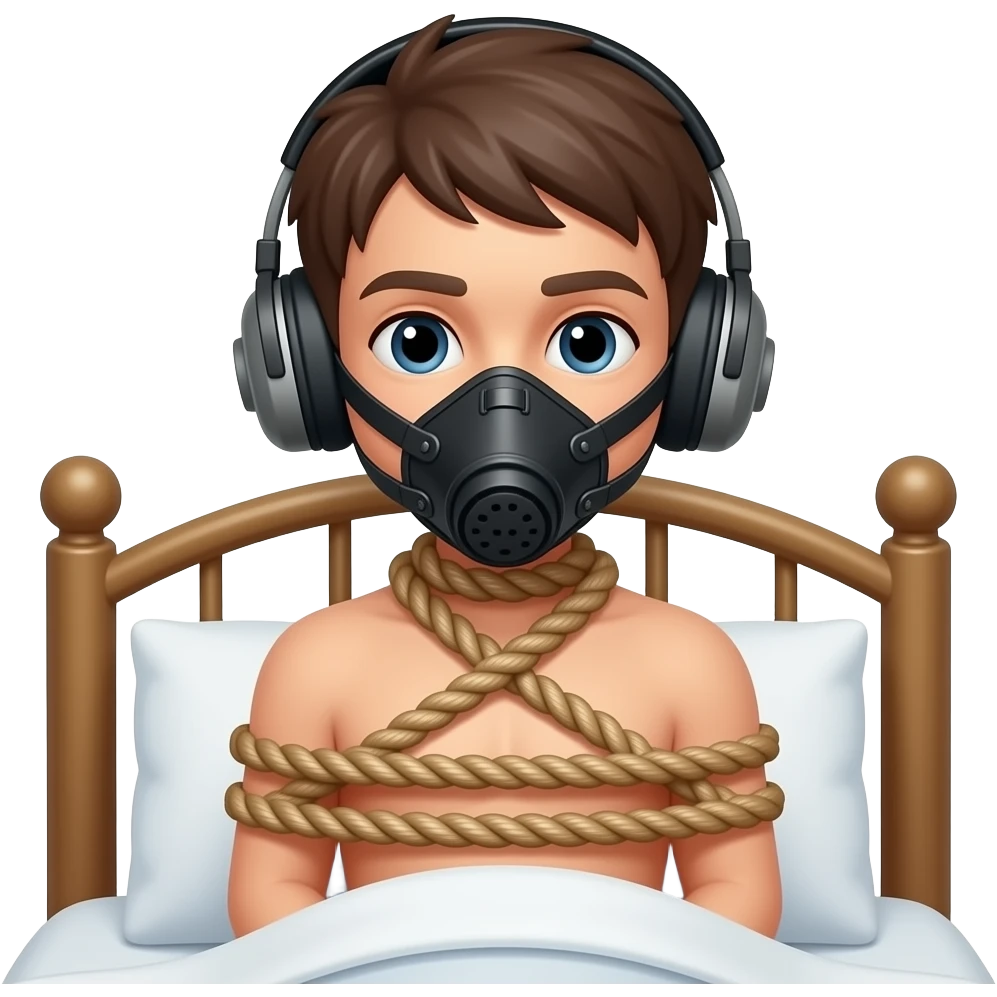 Rope Bondage naked boy bed tied muzzle earmuffs emoji