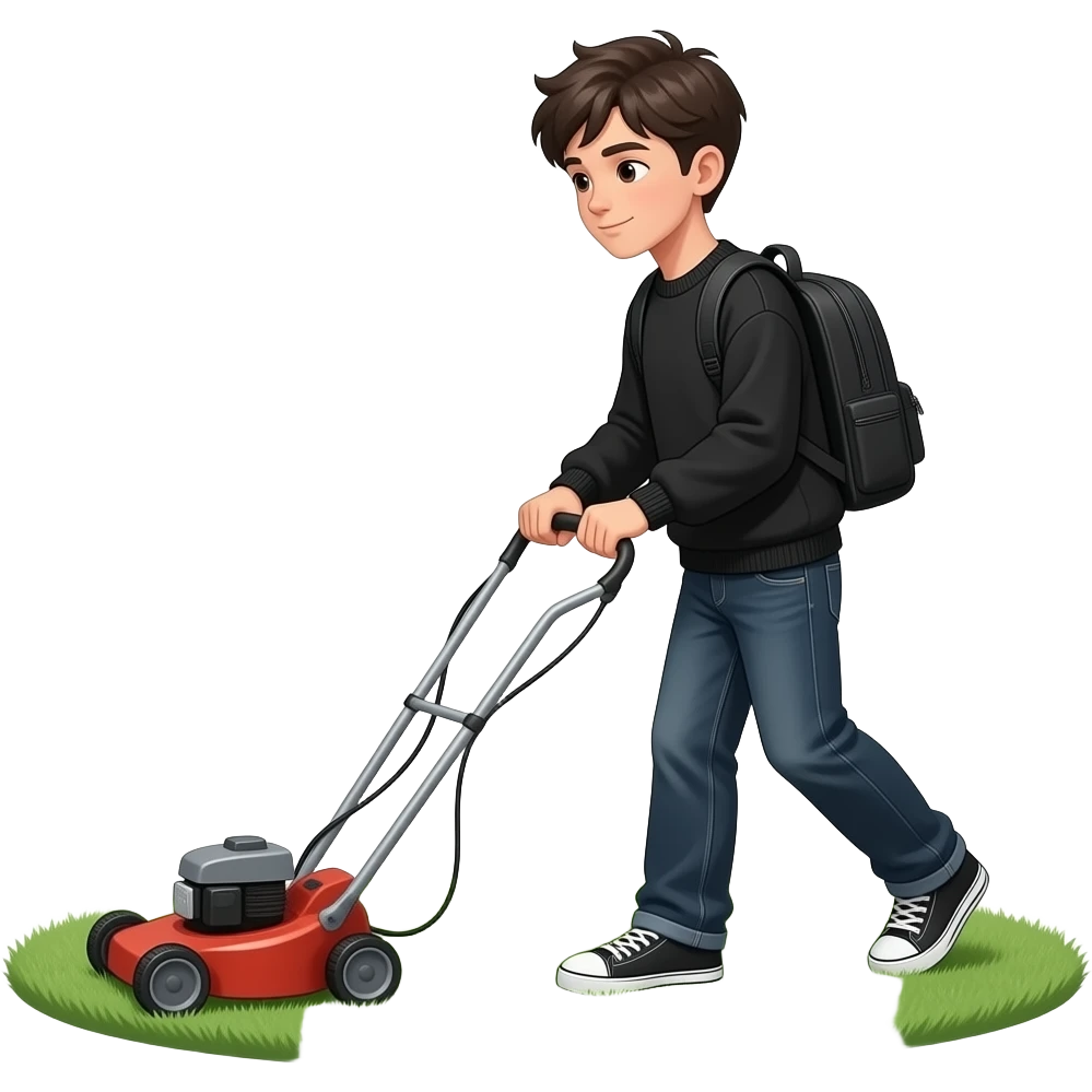 black loose-fitting jeans, black loose-fitting sweater, black backpack, Gen Z boy mowing the lawn with a lawn mower emoji