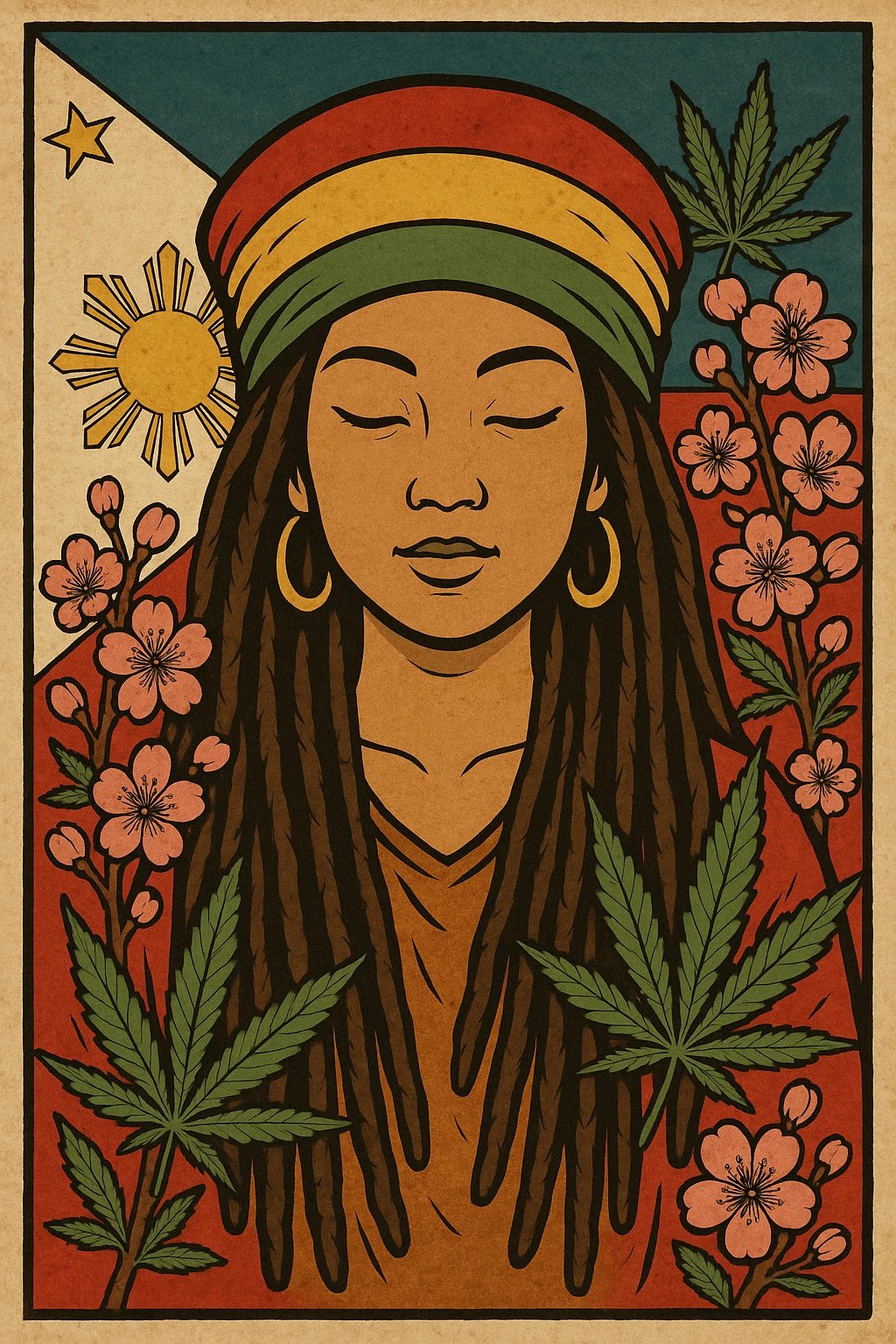 Vintage poster of an Asian Rasta woman with long dreadlocks, peaceful eyes, and a red-gold-green tam. Surrounded by cherry blossoms and ganja leaves. Background Asian flag. Retro reggae fusion vibe, with bold lines and aged paper texture. Philippines with the actual flag
 emoji