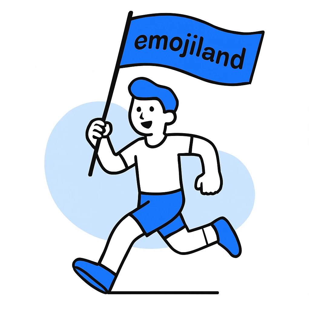 happy runner waving a flag that says 'emojiland' emoji