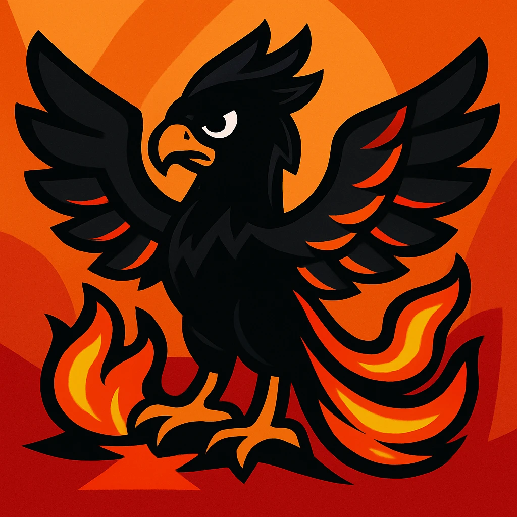 Transform this vibrant toon phoenix into a dark phoenix: make the bird's body black, with shining, vivid flames in orange, red, and yellow. Keep the background as is. emoji