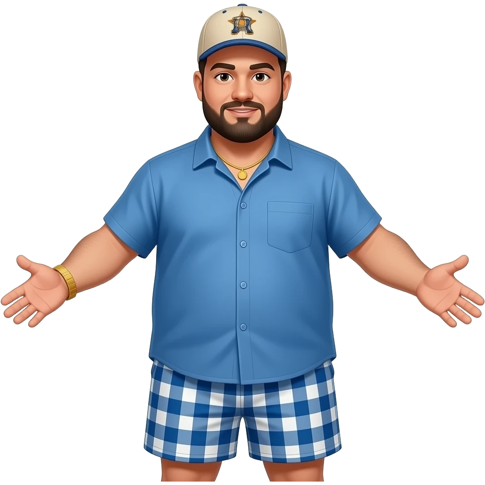 Chubby man with apricot skin tone with lightly shaved black beard wearing a blue button down short sleeve shirt with matching shorts with square pattern designs wearing an all beige color Huston Astros logo baseball cap wearing a gold tennis necklace and a gold wrist watch holding hands out emoji