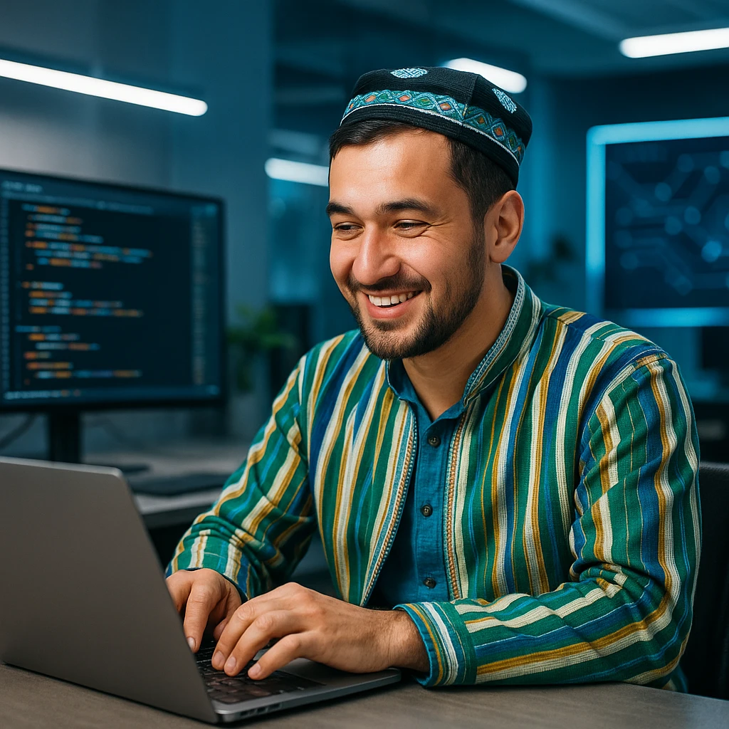 Uzbek programmer wearing traditional Uzbek doppi hat, coding on a laptop, friendly expression, modern tech vibe emoji