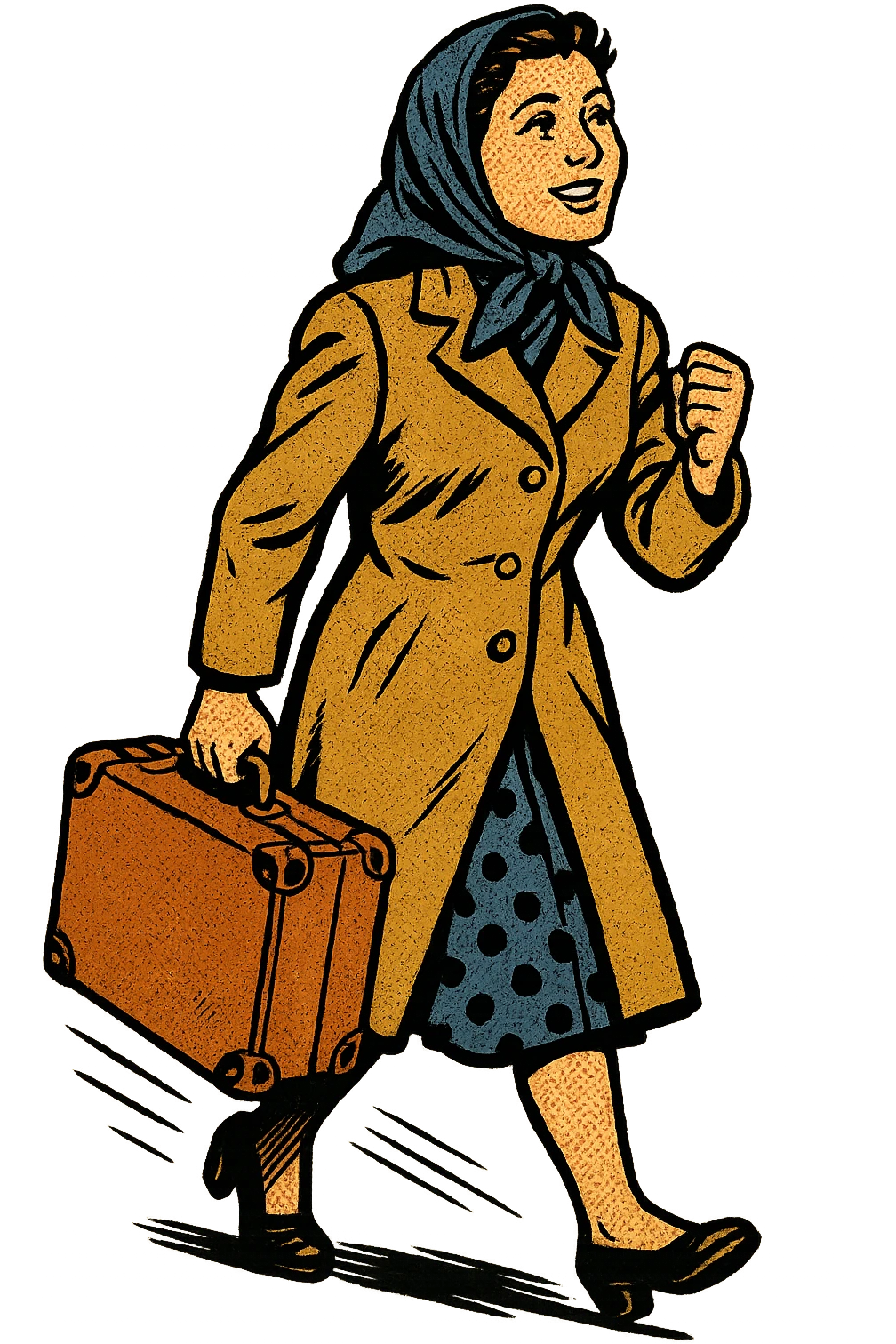 A refugee woman from Eastern Europe in the 1950s carrying with them a small old brown suitcase and looking hopeful emoji