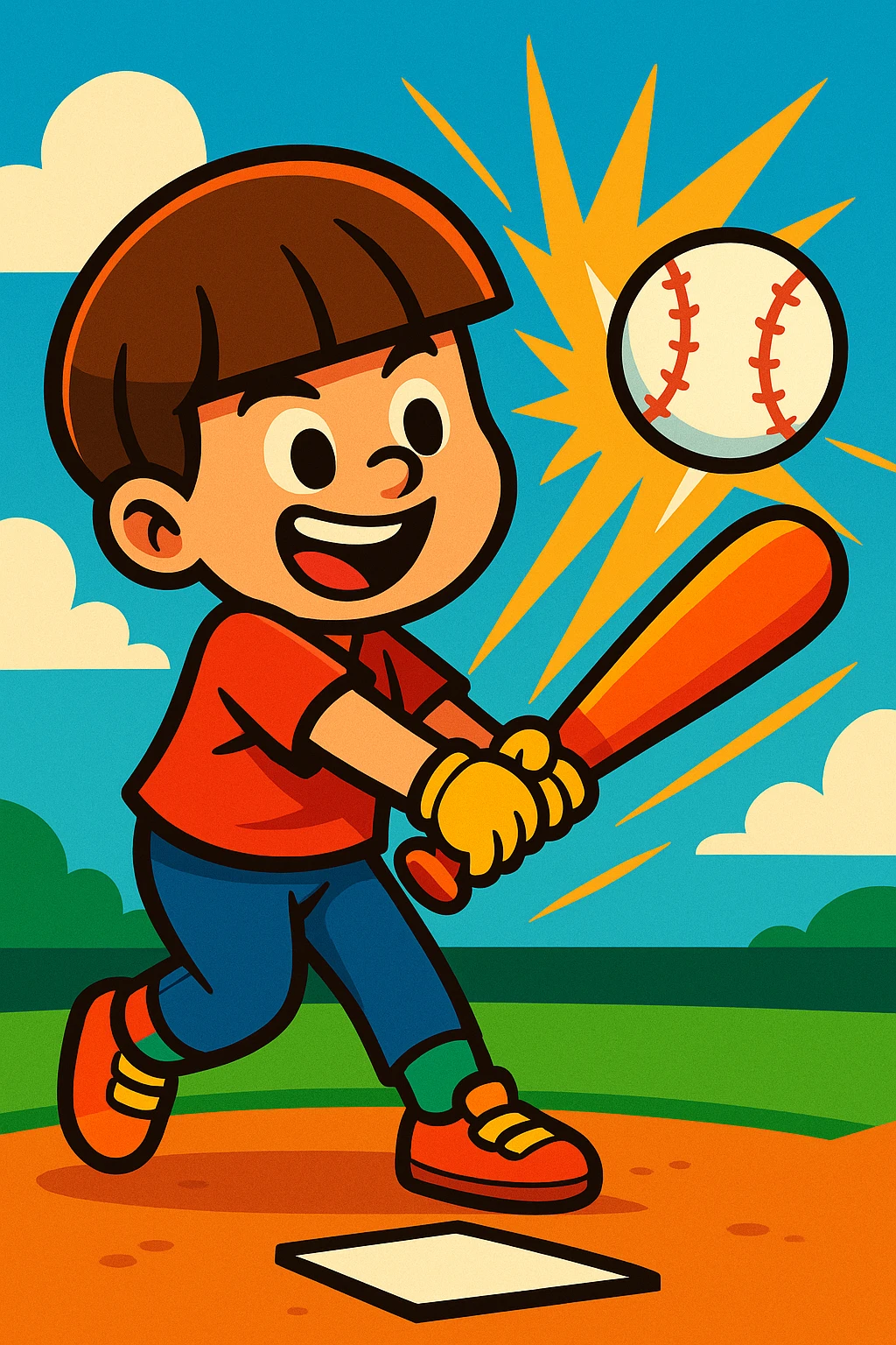 A boy with a bowl cut, swinging a bat and hitting a baseball, home run moment, cheerful, vibrant cartoon style emoji