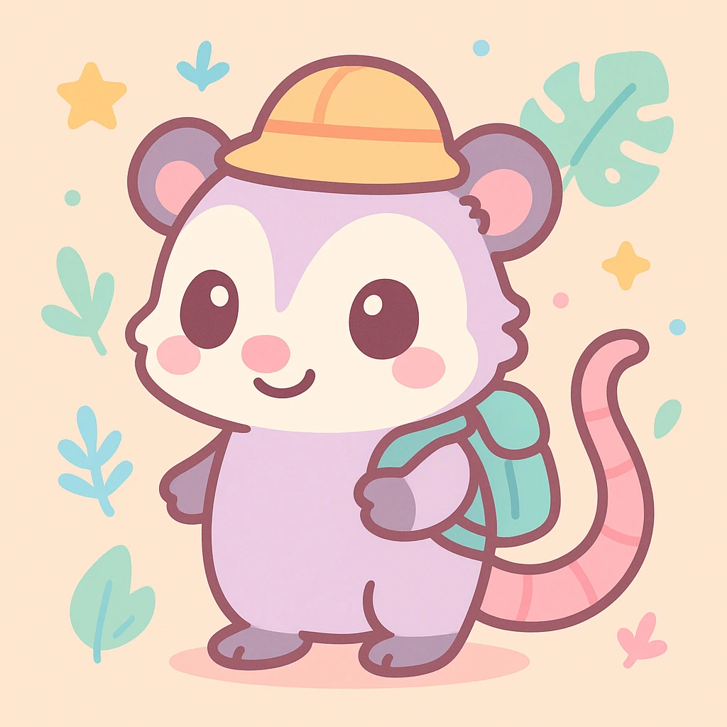 cute cartoon possum dressed up for a safari in the jungle, adorable and colorful kawaii style emoji