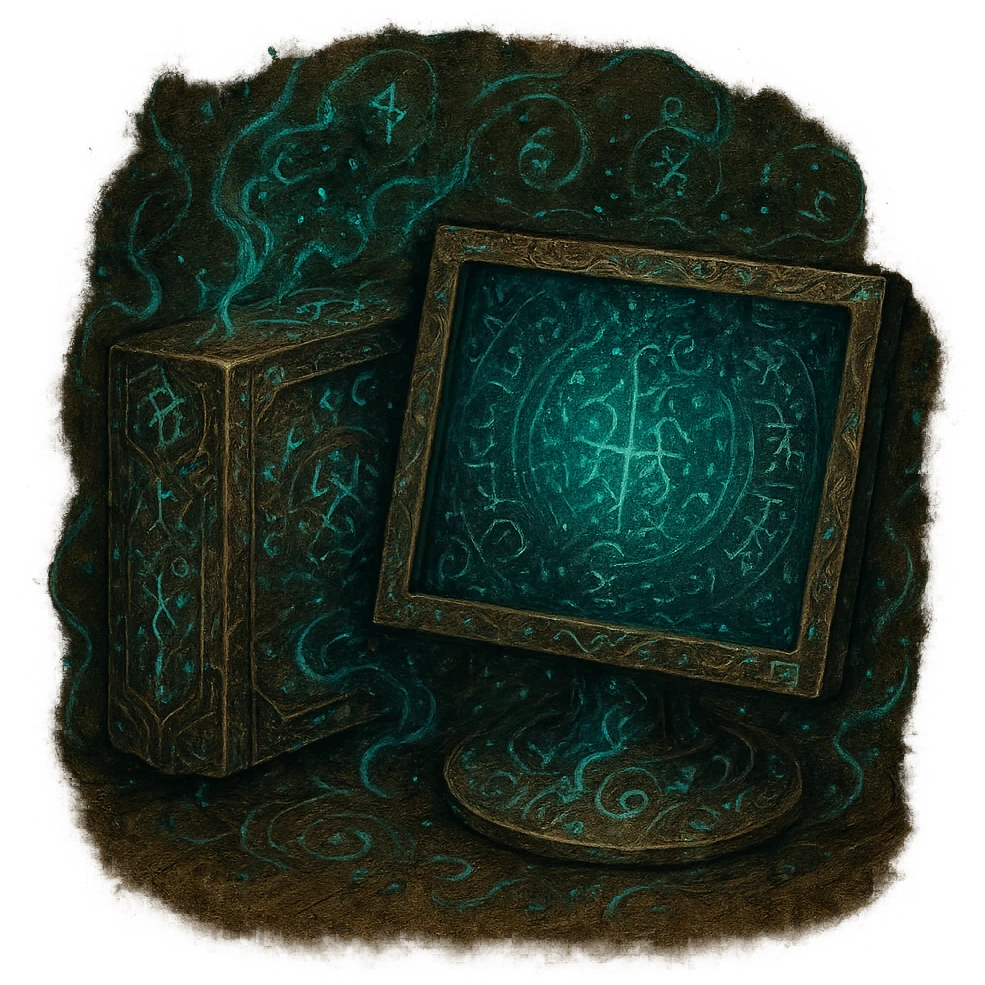 Re-create the Windows 'My Computer' icon as an Elden Ring incantation artwork. The style should be dark fantasy with mystical, ancient parchment background and glowing magical effects. The computer should appear as a powerful magical relic adorned with runes and arcane symbols. The image should be in 1080 x 1080 format with a transparent background, inspired by the provided incantation and sorcery icons. emoji