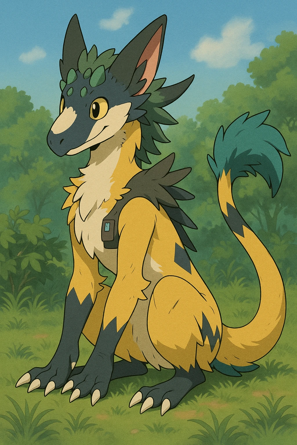 Sergal-Protogen-Trico-Zeraora-Vernid-fusion-hybrid-creature, drawn in a Pokémon/Digimon style emoji