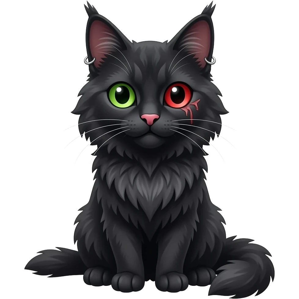 black mainecoon cat with one green eye and one red eye with scar over it and a pink nose and piercings on ears emoji