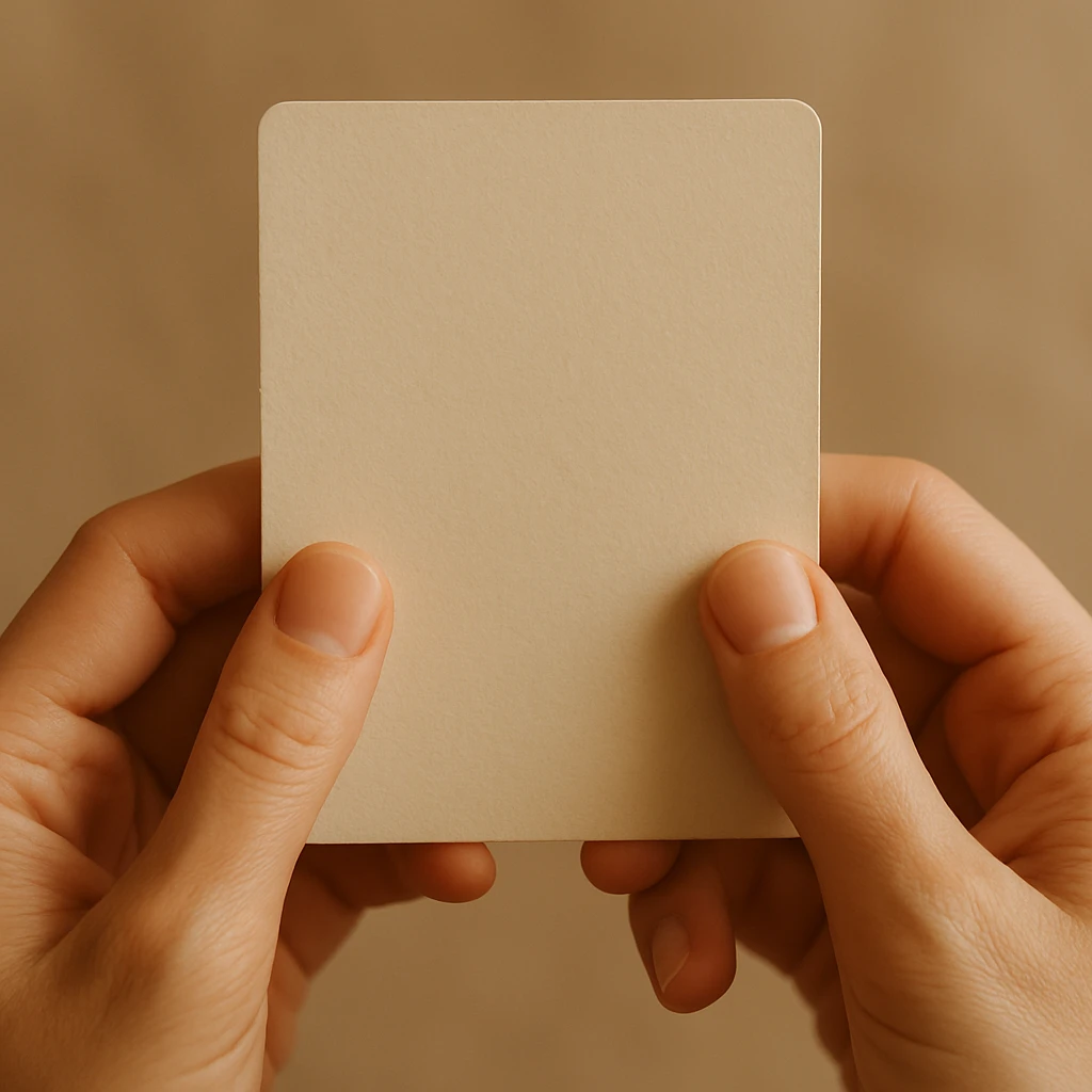 hands delicately grasping a card, thumbs visible on the front, fingers supporting from behind, soft lighting emoji