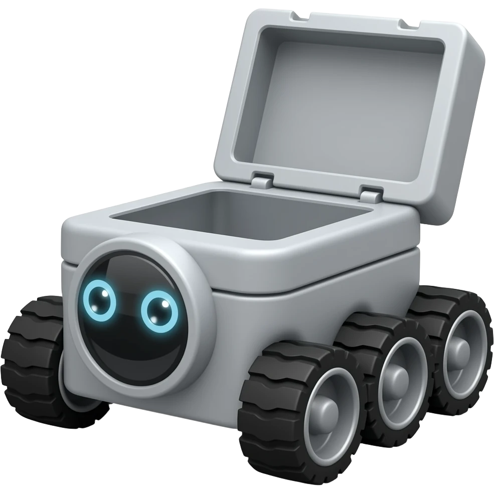 Gray rectangle with 6 wheels and a circle led shows robot eyes and a opening lid emoji