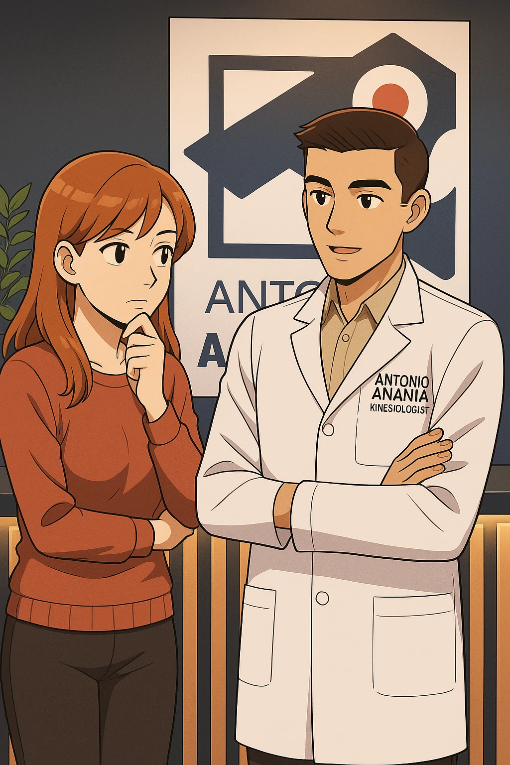 su questo stile fai un manga/webtoon a colori in cui una donna SI TOCCA IL MENTO CON L'INDICE MENTRE ASCOLTA PENSIEROSA L'UOMO, l'uomo della foto in stile manga LE SPIEGA CHE DEVE PROVARE LA SUA VALUTAZIONE MEDICA, mantieni un ambiente simile alla foto che ho allegato con il suo logo (sarebbe il suo studio, lui è un kinesiologo), scrivigli "ANTONIO ANANIA" sul camice bianco, non mettere fumetti, ma fai in modo che sembri che la donna ASCOLTI l'uomo emoji