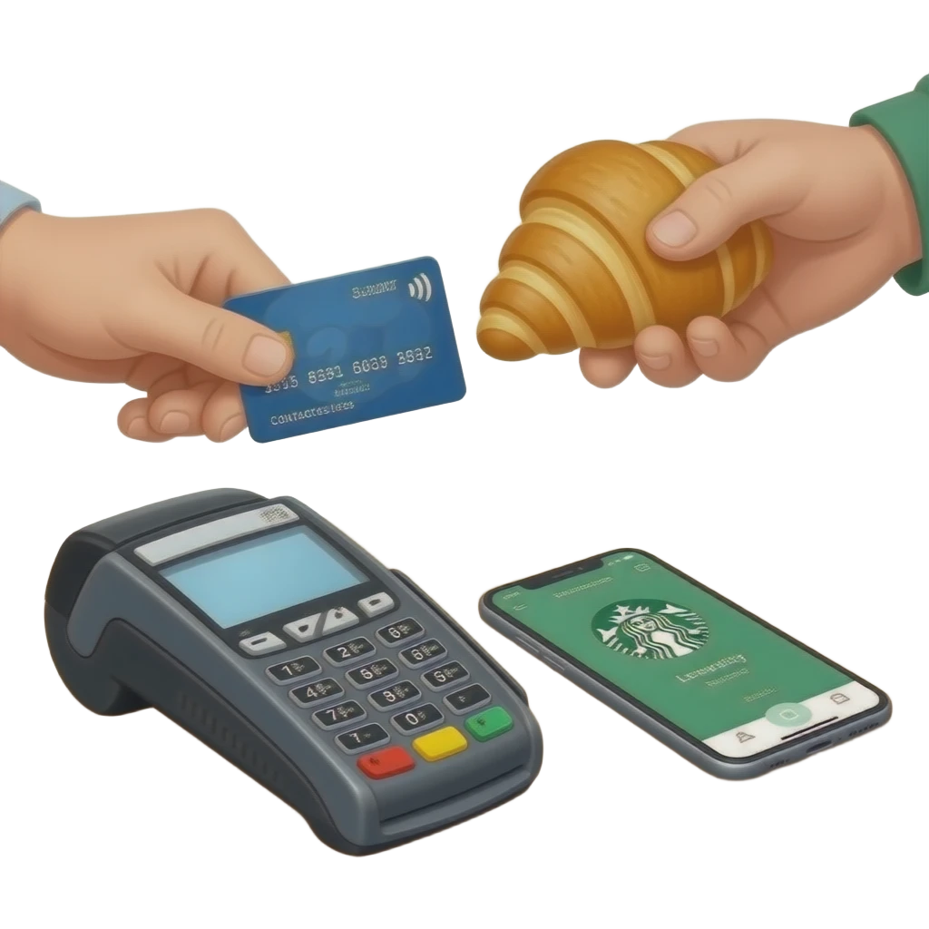 Please show hands of customer left hand they should be paying with their card on POS SYSTEM , have their phone on the table with the starbucks loyalty point and the cahsier should be handing them a pastry emoji