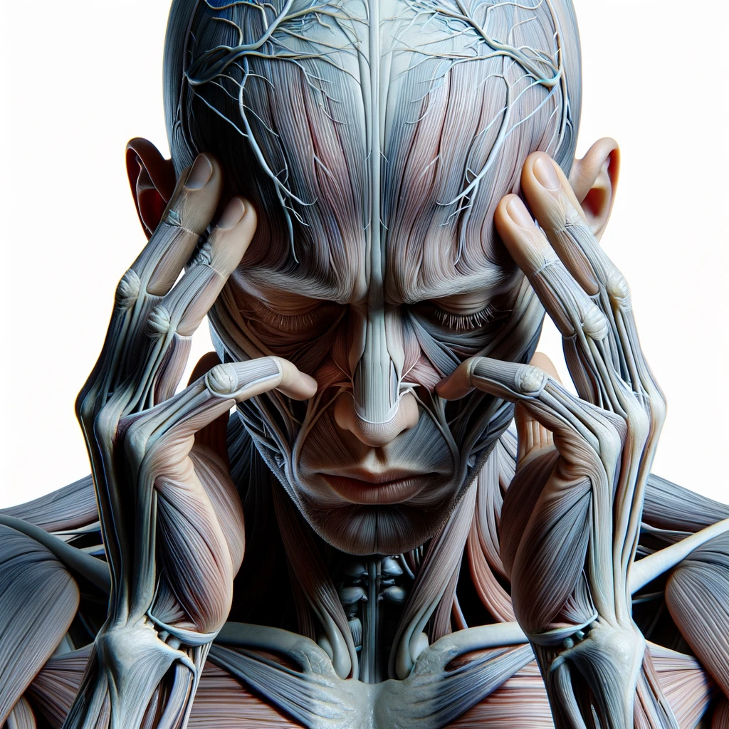 corpo umano anatomico con espressione stanca e stressata in volto, si tiene le dita sulle tempie per calmare il mal di testa, iperrealistico 4k, isolato su sfondo bianco emoji