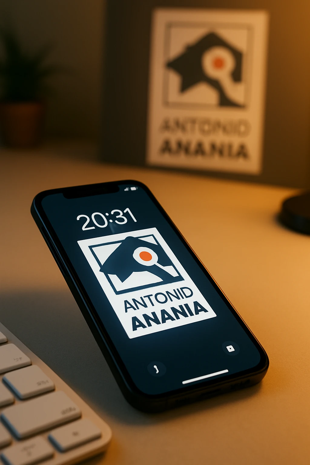 A photo of an iPhone on the desk with the message "Antonio Anania" on its screen, The phone sits atop a desk with a blurred background that suggests work environment. A faint glow from above casts gentle shadows across the surface of each object, creating depth and highlighting their textures emoji