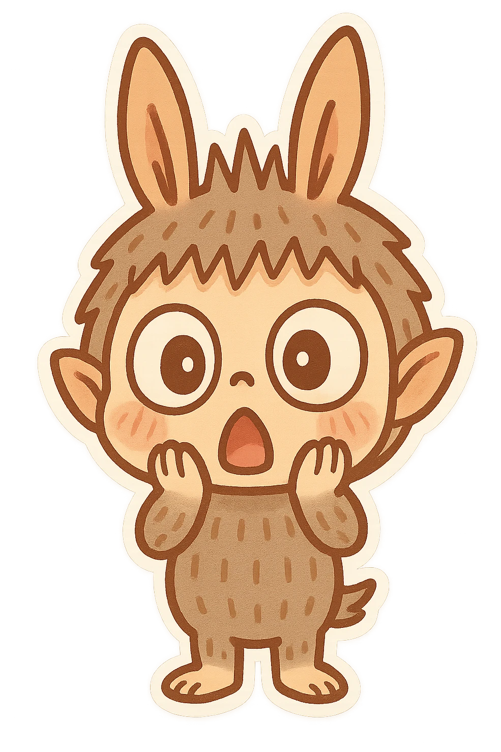 Labubu character looking surprised, wide eyes, hands on cheeks, playful cartoon style emoji