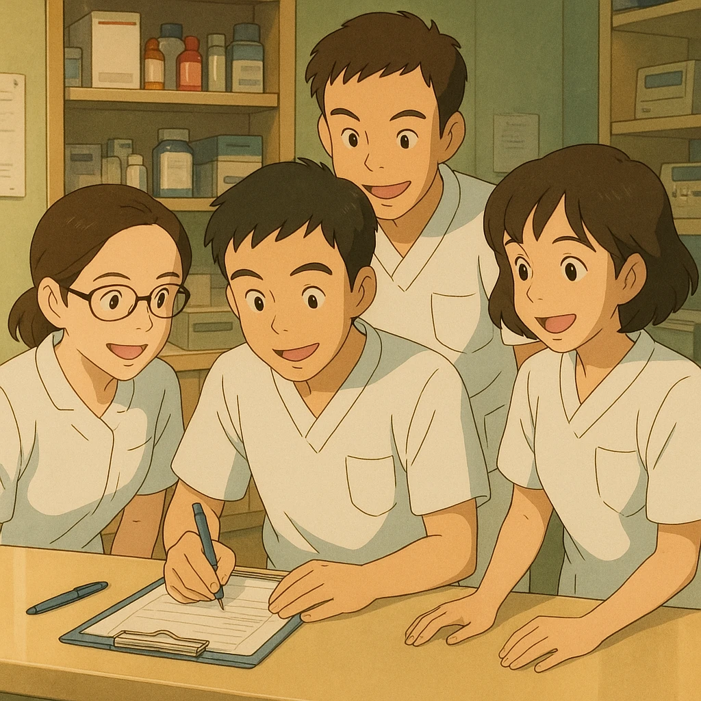 Team scene of four nursing students inspired by photo faces, working together in a care station, Ghibli style. White uniforms, medical tunics with V-neck, left chest pocket, short sleeves, no classic collar, no stethoscopes, no fabric under sleeves. Visible interaction, positive atmosphere. emoji