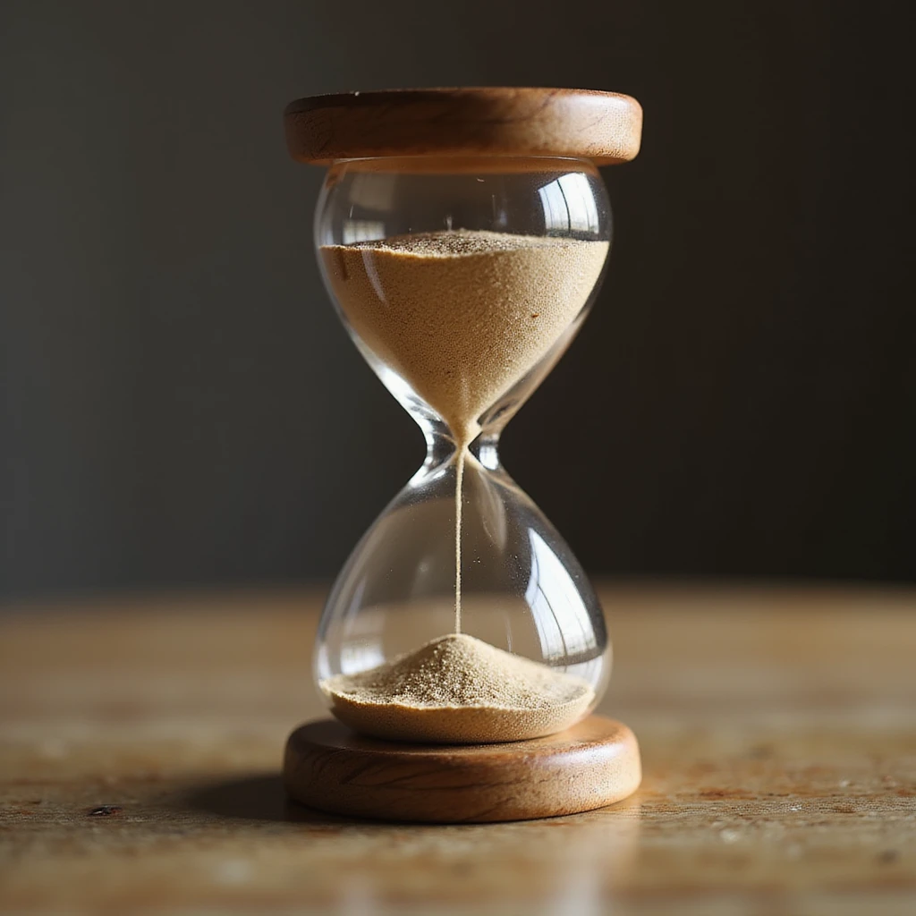 hyperrealistic 3D hourglass, 4K, glossy wooden base, fine sand inside, realistic lighting emoji