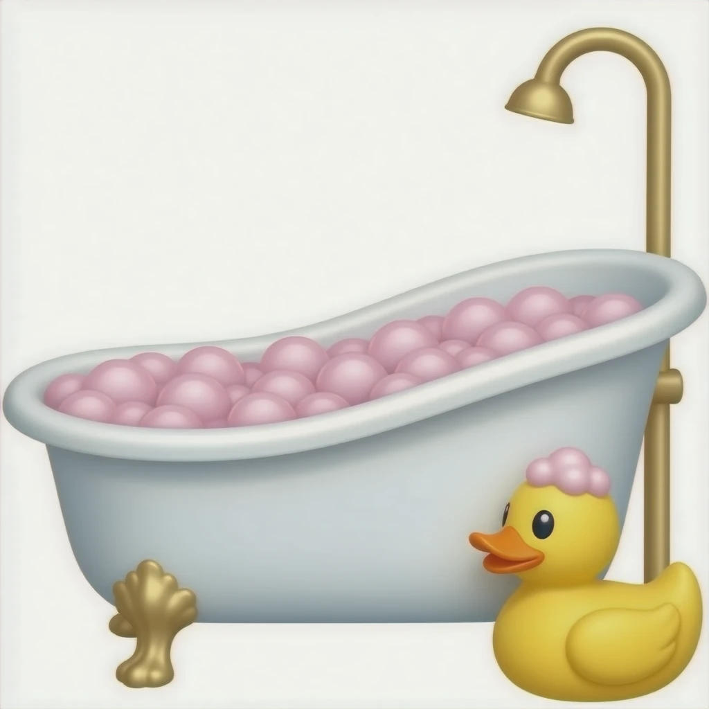 Bath tub with a rubber duck on the pink bubble water emoji emoji