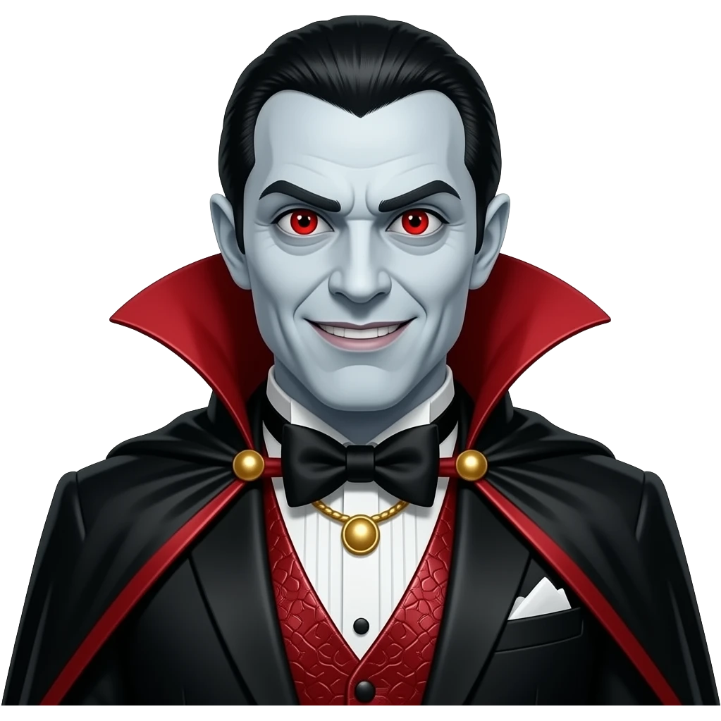 Count Dracula from Horror Film Heroes and Villains with red eyes, black hair, black metallic black suit with bow tie, red metallic vest, dark red metallic cape emoji