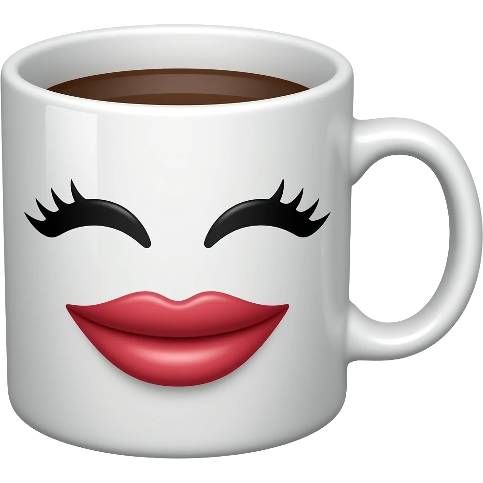 smiling coffee cup with lash and full lips emoji