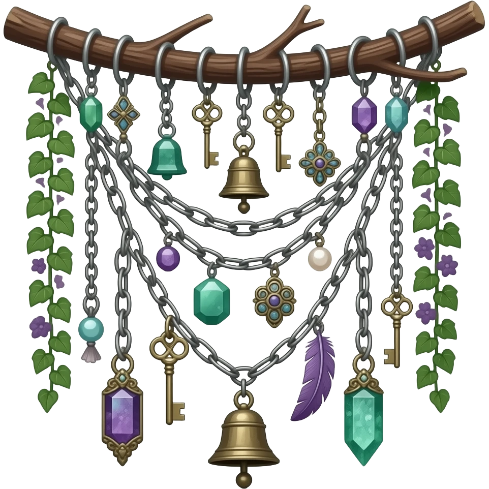 Cute beautiful realistic decorative aesthetic glorious beautiful pretty hunter-Forest-green and deep-dusty-violet chained wired hanging decorations With hangin bells, hanging keys, hanging trinkets, hanging feathers, hanging beads and pearls, ribbon, leaves, ivies, floral, fluorite crystals, etc. emoji