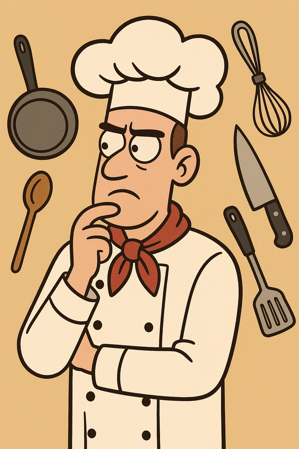 cartoon style chef thinking, hand on chin pose, surrounded by cooking utensils emoji