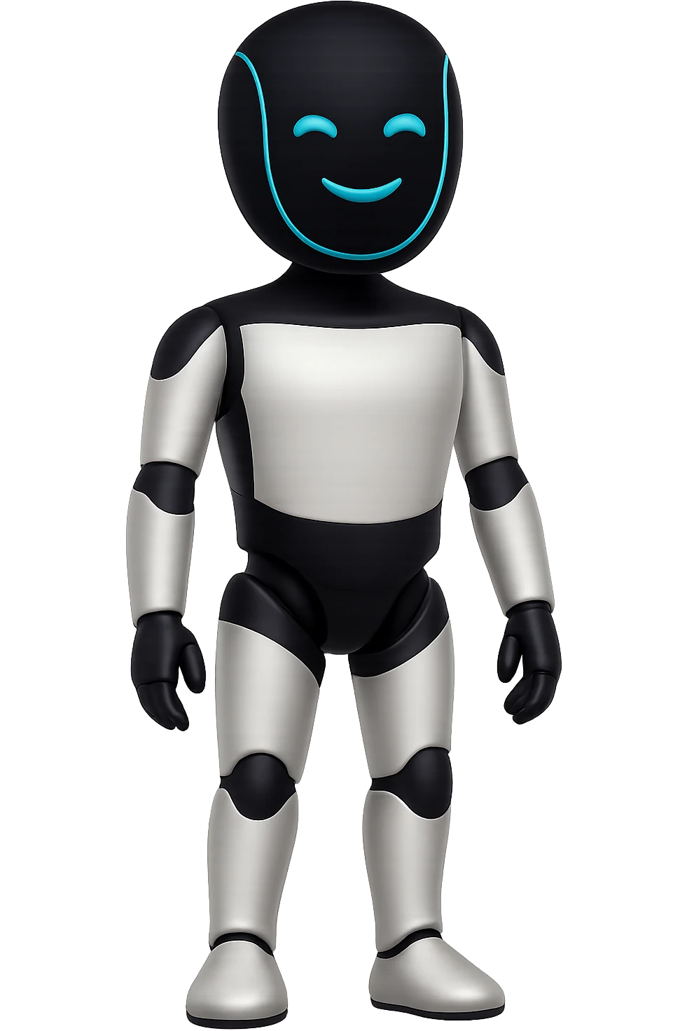 Create a fullbody Tesla robot emoji with the exact head from the reference image. The robot should have arms down pose, slightly smiling expression, and be in the apple emoji style. The style should be respected as closely as possible in the edit. emoji