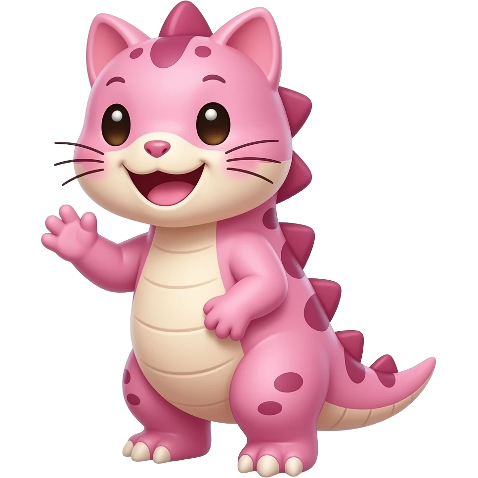 pink dinosaur body with cute pink kitty face standing on two legs looking happy and waving emoji