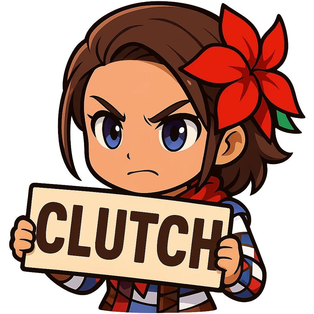 Azucena from Tekken 8 in chibi sticker style, holding a sign that says 'CLUTCH', determined expression, designed for Twitch emote use emoji