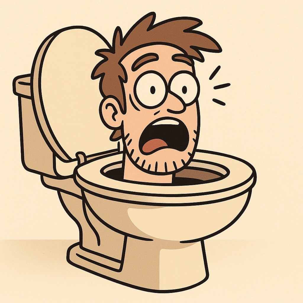 a surprised man's face emerging from a toilet, playful, cartoon style emoji