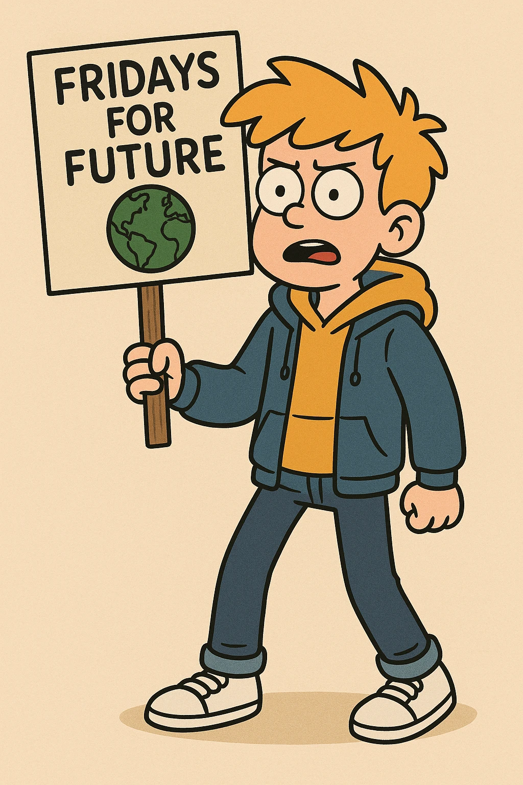  Fridays for Future a boy Yellow Orange hair shirts blue jackets hoodie dark blue jeans white shoe  emoji