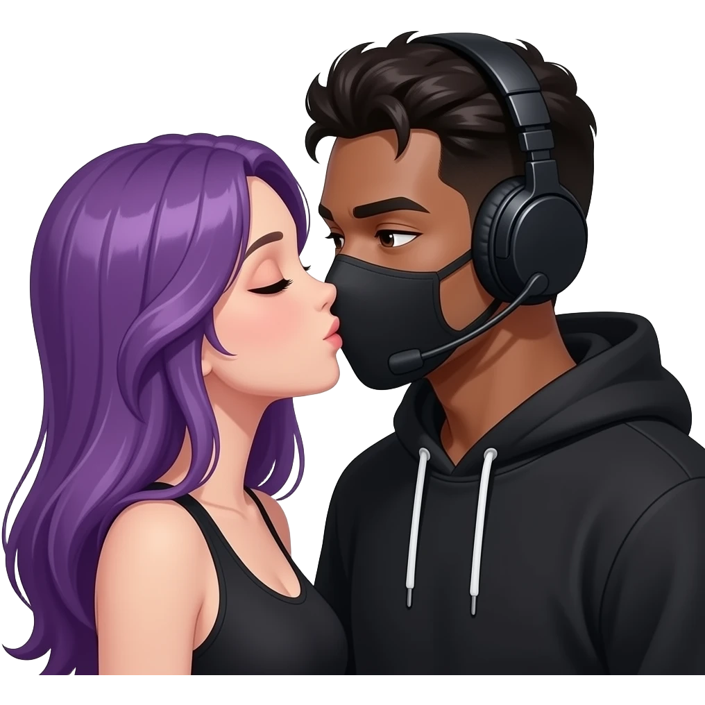 attractive girl with long purple hair and purple is get kissed from an blackhaired attractive man in a black hoodie with a black mask and a headset emoji