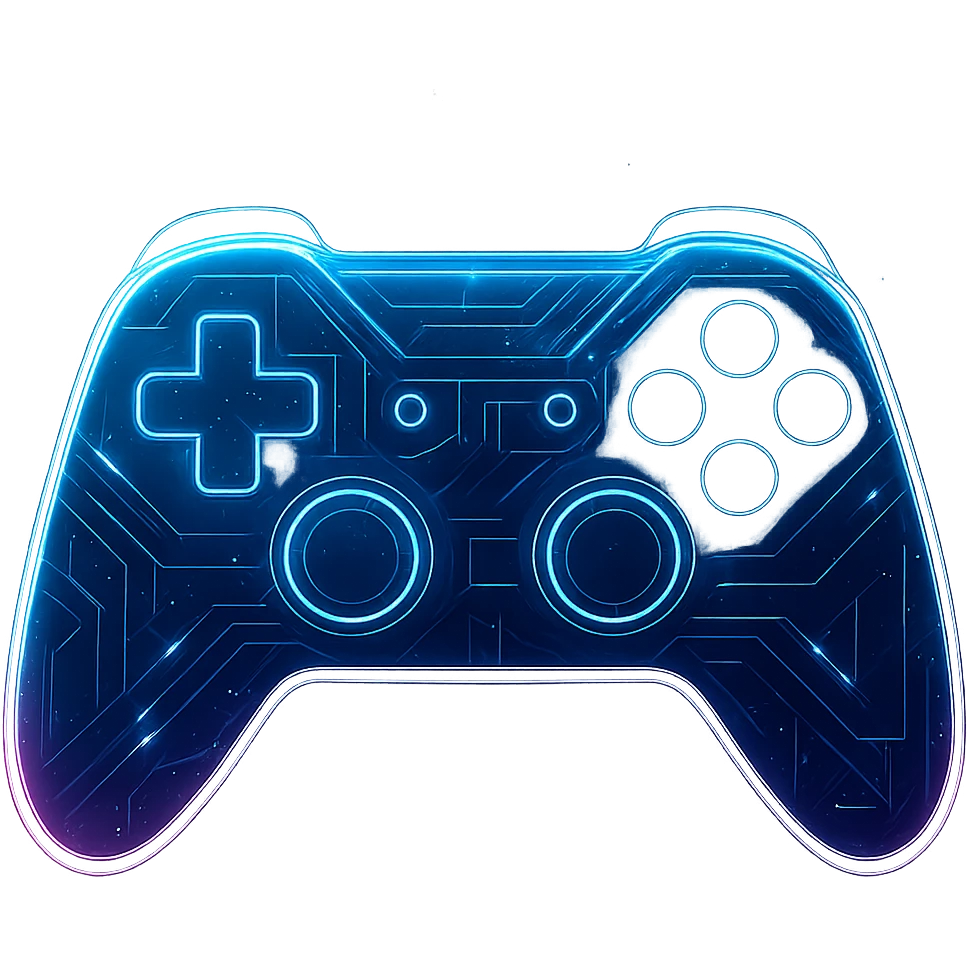 Create a generic game controller in a cyberpunk, holographic style with glowing neon blue and pink edges, circuit patterns throughout the entire controller, and a transparent background. The controller should look futuristic and clean, with a consistent cyberpunk glow and intricate circuit details, matching the style of the previous cyberpunk icons. emoji